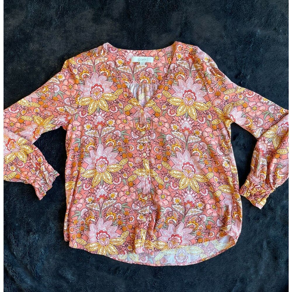 LOFT Floral Print V-Neck Blouse Long Sleeve Romantic Boho Pink Yellow Medium